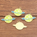 Planet shaped alloy jewelry pendant with yellow enamel and blue star ring charm - 1 Piece / Yellow Perforated Ball Ring Style (4 Hao Pi Ke Qiu 20X30mm 1.3g)
