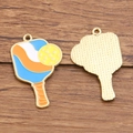 Pickleball paddle charm in KC gold with blue and orange enamel for DIY jewelry - 1 Piece / Wavy Pattern Paddle Yellow Ball (9 Hao Pi Ke Qiu 22X35mm 1.9g)