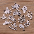 Macro view of twelve assorted silver stainless steel marine animal charms for DIY jewelry - Steel