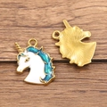 Golden unicorn pendant charm with colorful enamel finish and metal texture back - Blue Horse