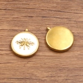 304 roestvrijstalen gouden ronde hanger met wit emaille en bijen insect gravure - 17x20mm / Witte Bij