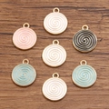Close-up of seven colorful enamel swirl round charms for Christmas DIY jewelry making - 15x18mm