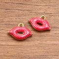 Pink enamel lip charms in gold-plated stainless steel for DIY jewelry making - Red Lips