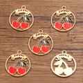 Five-piece set of KC gold cherry round charms with drop oil finish and镂空 'Cherry' design - 21x25mm / Cherry Style