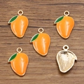 DIY gold alloy mango fruit enamel pendants for jewelry making with green leaf and orange finish - 15x22mm