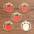 DIY KC gold alloy strawberry charms with red enamel inlay and round hollow frame - 21x25mm / Strawberry Style