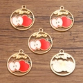 Five gold alloy apple charms with red and white oil drip design and Apple engraving - 21x25mm / Apple Style