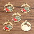 DIY enamel watermelon alloy charms in KC gold finish with hollow round fruit pendants - 21x25mm / Watermelon Style