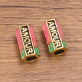 Perles Amour hexagonales en acier doré avec émail coloré pour la création de bijoux - No. 2 (AMOUR) Rose Vert / 12x22mm