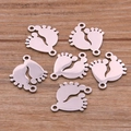 Set of 6 silver stainless steel baby footprint charms with dual rings for DIY jewelry - Baby Footprint Style (No. 2 Silver Tone)