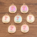 Oval KC gold alloy floral enamel pendants in multiple colors for DIY jewelry making - 16x21mm / No.1 Flower Style Random