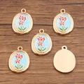 DIY oval gold alloy pendants with blue enamel flower design for jewelry making - 16x21mm / Flower Pattern Style Blue