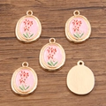 Ciondolo ovale smaltato con fiori in lega d'oro KC per creazione gioielli fai da te - 16x21mm / Stile Motivo Floreale Rosa