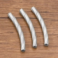Three pieces of silver spiral textured stainless steel curved tube beads for DIY jewelry - 4x37mm / Steel