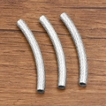 Three curved silver stainless steel tube beads with diamond mesh texture for jewelry making - 5x50mm / Steel