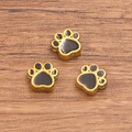Golden stainless steel dog paw charm with black enamel for DIY jewelry making - Double Sided Enamel Dog Paw Bead / Black