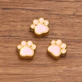 Pink enamel and gold stainless steel dog paw charm beads for DIY jewelry making - Double Sided Enamel Dog Paw Bead / Pink