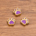Golden stainless steel enamel animal paw charm bead in deep purple for DIY jewelry - Double Sided Enamel Dog Paw Bead / Purple