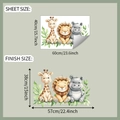Détail des stickers animaux avec dimensions de la planche et taille de finition réelle - Style de Feuille Unique (fun-e190)