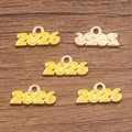 Golden 2026 alloy charms with yellow enamel coating and a top loop for DIY jewelry - 2026 Yellow