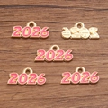 Pink enamel 2026 year number charm in gold alloy for DIY jewelry necklace making - 2026 Rose Red
