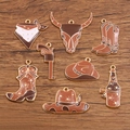 Brown enamel western cowboy charms set including hats, boots, and revolvers for DIY jewelry - Coffee 8-Piece Set