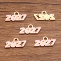 Pink enamel 2027 year charms in gold finish for DIY jewelry necklaces and bracelets - 2027 Pink