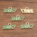 DIY charm jewelry accessory 2027 year number pendant in KC gold with green enamel - 2027 Green