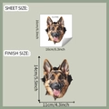 Detailed dimension sheet for a 3D German Shepherd wall sticker with actual size comparison - 16x16cm