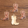 Brown enamel cowboy boot charm with golden stars and mesh texture for DIY jewelry - Coffee Boot Shape