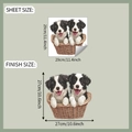 Detailansicht der Welpenaufkleber-Maße mit Blattgröße 29x29cm und Endgröße von 27x27cm - Border Collie Welpe Korb Stil (fun-m330) / 29*29cm