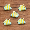 Blue and yellow striped fish charm pendants with gold base for DIY jewelry making - 1 Piece / 14x16mm / Blue Yellow Fish