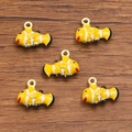 Five yellow enamel clownfish alloy charms with white stripes and gold hooks for DIY jewelry - 1 Piece / 13X15mm / Deep Yellow Fish