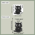 Detalle del adhesivo de gato negro con la frase divertida I saw your butt para el baño - 29x29cm (fun-m340)