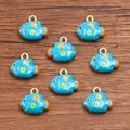 Blue and orange tropical fish charms with golden loops for DIY jewelry making - 1 Piece / 13x14mm / Blue Fish