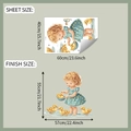 Detalle del vinilo decorativo con medidas para el diseño de niña y patitos amarillos - Estilo Niña De Dibujos Animados Y Pato (fun-e229)
