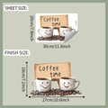 Detail view of coffee cup wall stickers showing sheet size and finish size dimensions - 20x30cm