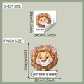 Detail view of cartoon lion sticker with Don't forget to close it text and sheet dimensions - Cartoon Lion Style (fun-kg132)