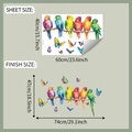 Detailed size chart for parrot and butterfly wall stickers showing sheet and finish dimensions - Painted Birds Butterfly on Branch (fun-e261)