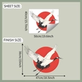 Japanse stijl muursticker maattabel met afmetingen voor het vel en de voltooide opstelling - Rode Zon Kraanvogel Stijl