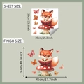 Cartoon fox reading on a mushroom wall sticker layout showing sheet and finish dimensions - Cartoon Fox Reading Style (fun-f571)