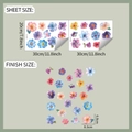Detail view of watercolor floral wall stickers showing sheet size and floral pattern scales - Multicolored Floral Set (20x30cm)