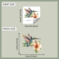 Detailed sheet and finish size comparison for watercolor hummingbird floral wall sticker - 16cmx16cm (fun-kg137)