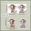 Détail des stickers muraux éléphant mignon avec les dimensions de la feuille et pose - Éléphant Embrassant un Ours (fun-m371) / 29x29cm