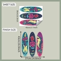 Detail view of surfing board stickers with guitar, roses and shark patterns and measurements - 39*45cm