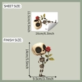 Detailed size chart for skull and rose decorative sticker showing sheet and finish dimensions - Creative Style (fun-f653)