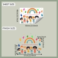 Rainbow wall sticker showing sheet layout and finished size with colorful handprints - 40x60cm (fun-e303)