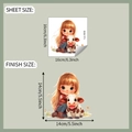 Detail view of cartoon girl hugging a cow sticker with sheet and finish size dimensions - fun-f680uv Transparent / 16*16cm