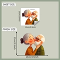 Detailed size guide for cartoon couple wall sticker with sheet and finish dimensions - 15*16cm /fun-f674uv fully transparent