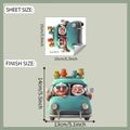 Detail view of cartoon couple in vintage truck sticker showing sheet and finish dimensions - 15*16cm (fun-f673uv fully transparent)